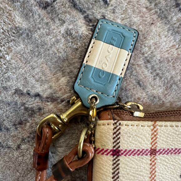COACH 1941 Leather Trim Tattersall Wristlet Bag Cream & Blue Plaid Purse EUC - Picture 3 of 9